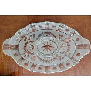 Vintage Frosted Glass Relish Dish serving tray with silver rim